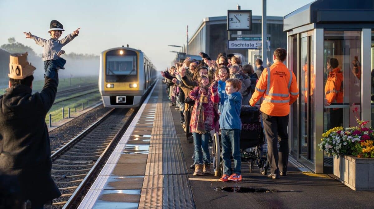Crowds cheer and applaud train arriving at first new station for 100 years