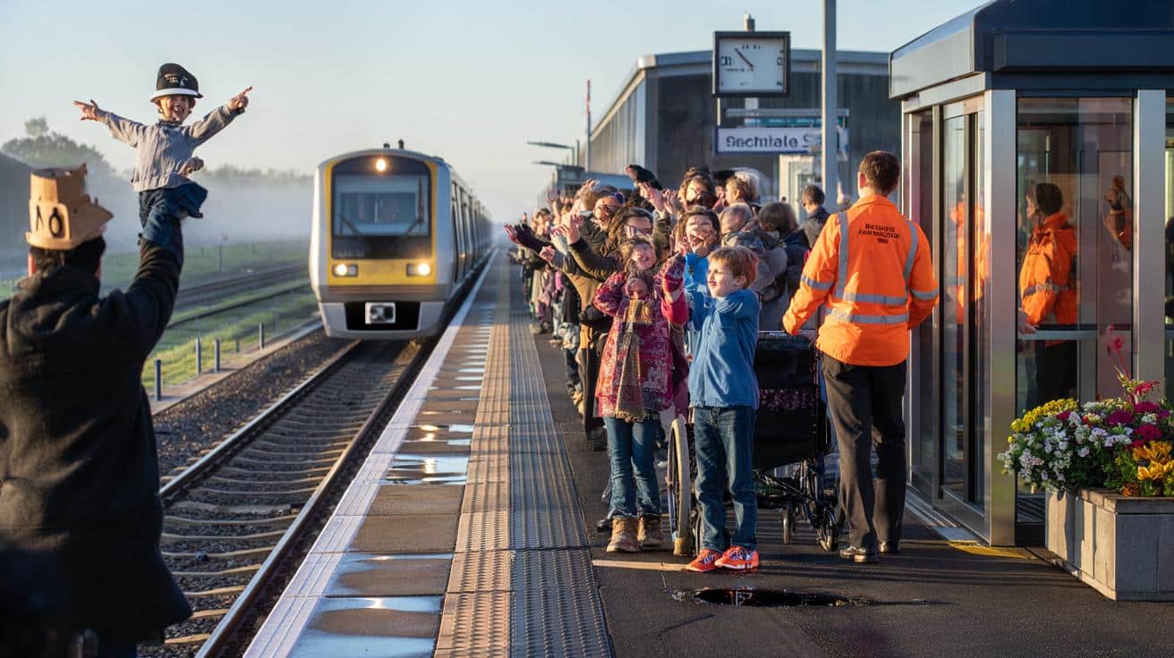 Crowds cheer and applaud train arriving at first new station for 100 years